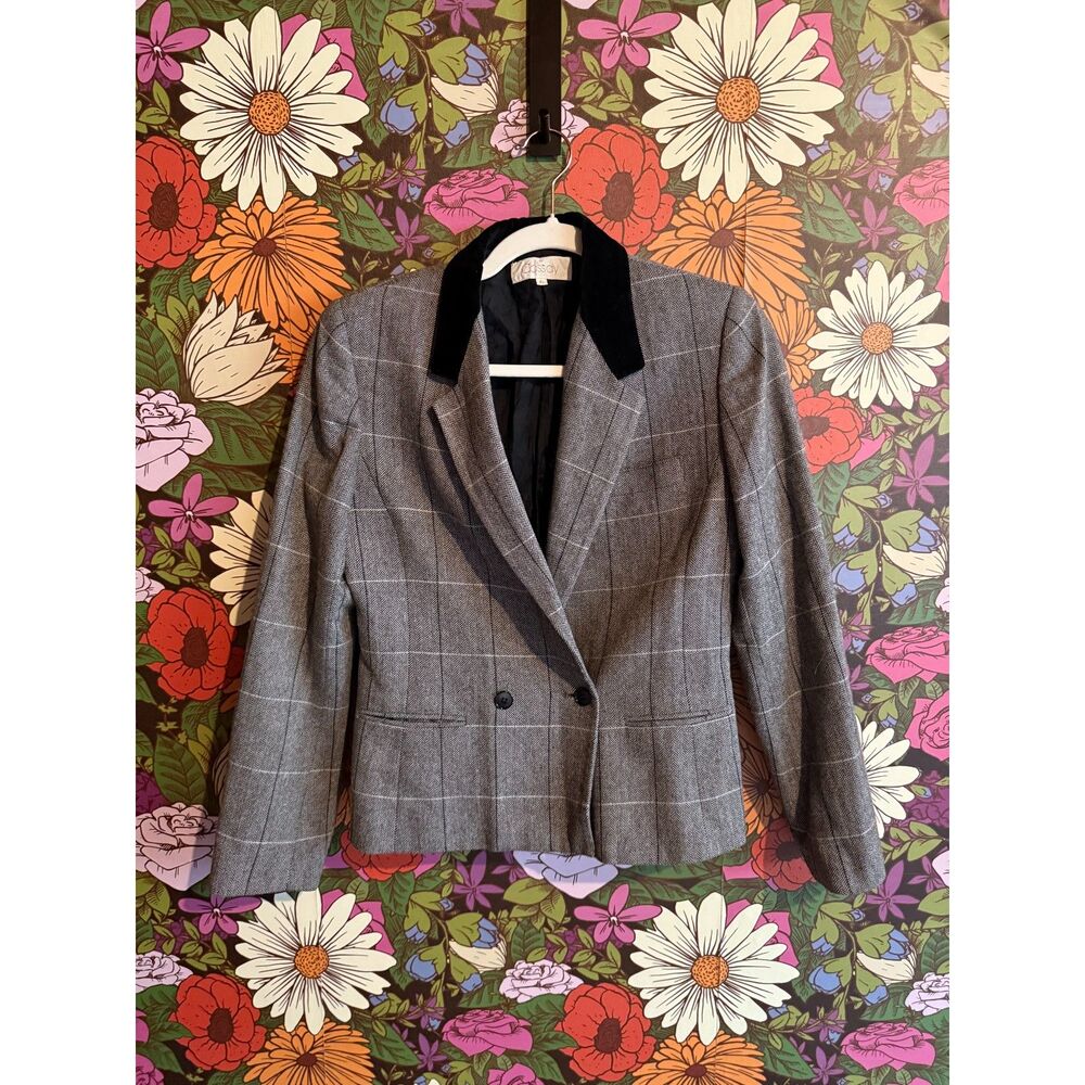 Vintage 1980s Cassidy Blazer Jacket Wool Herringbone Plaid Velvet Collar Size 6